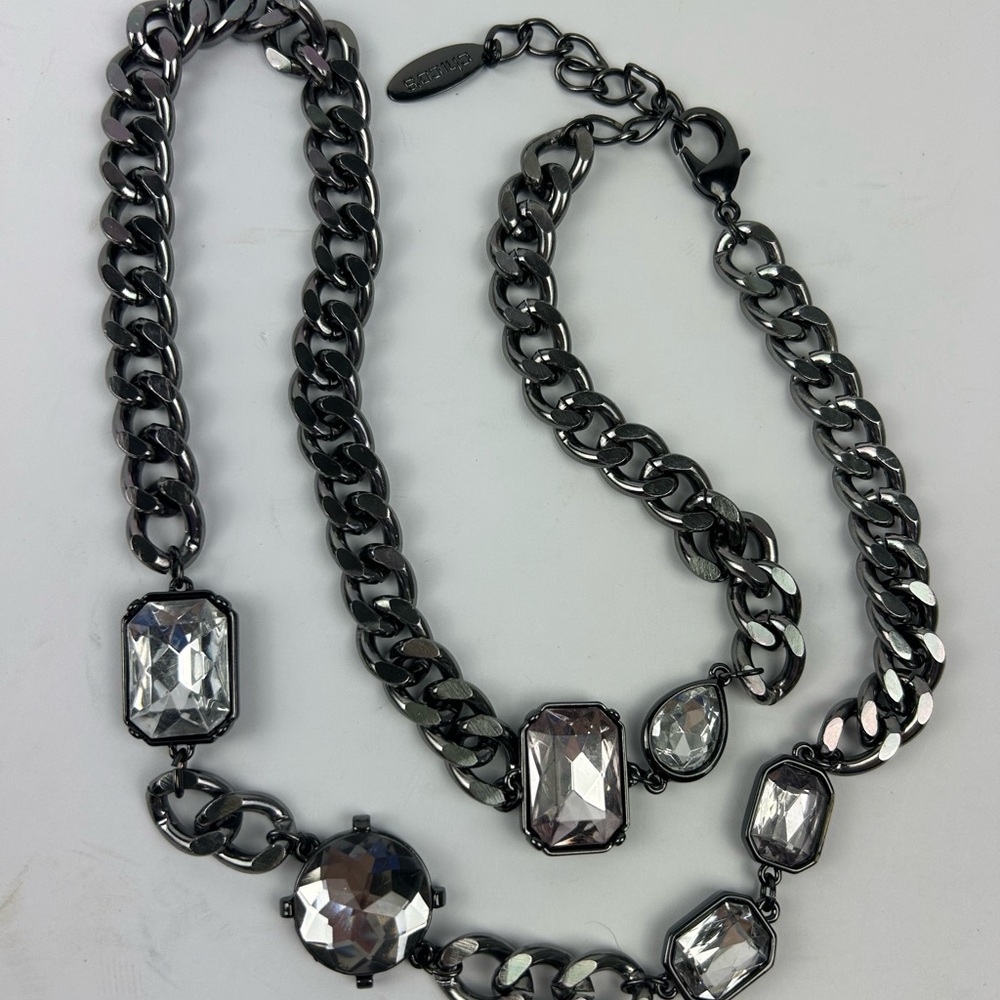 Chico's Chunky Gunmetal Gemmed Necklace 36" Statement with Crystal Accents